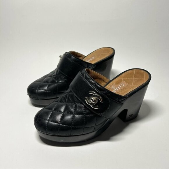 Chanel Black Clog Quilted Mule Leather Turn Lock Size 37.5 - Picture 3 of 14